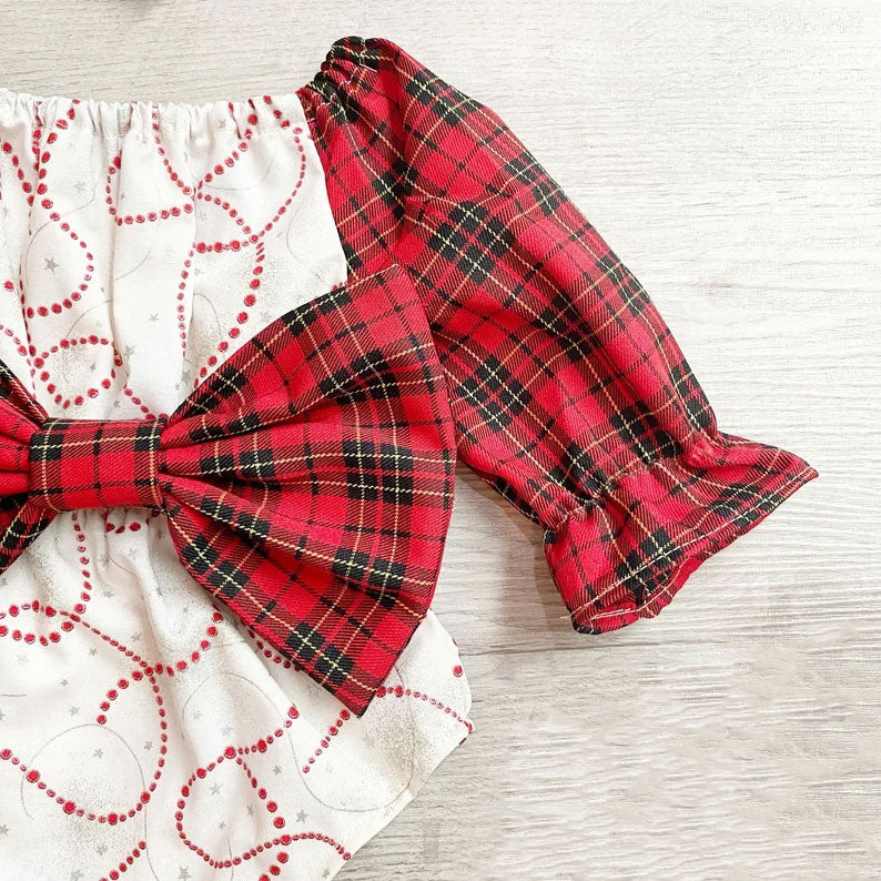 2PCS Lovely Christmas Plaid Printed Long Sleeve Baby Romper