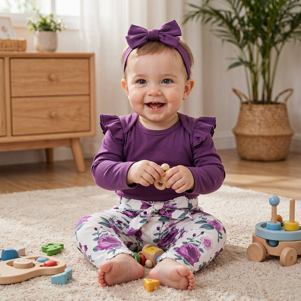 3PCS Lovely Solid Floral Panted Baby Set