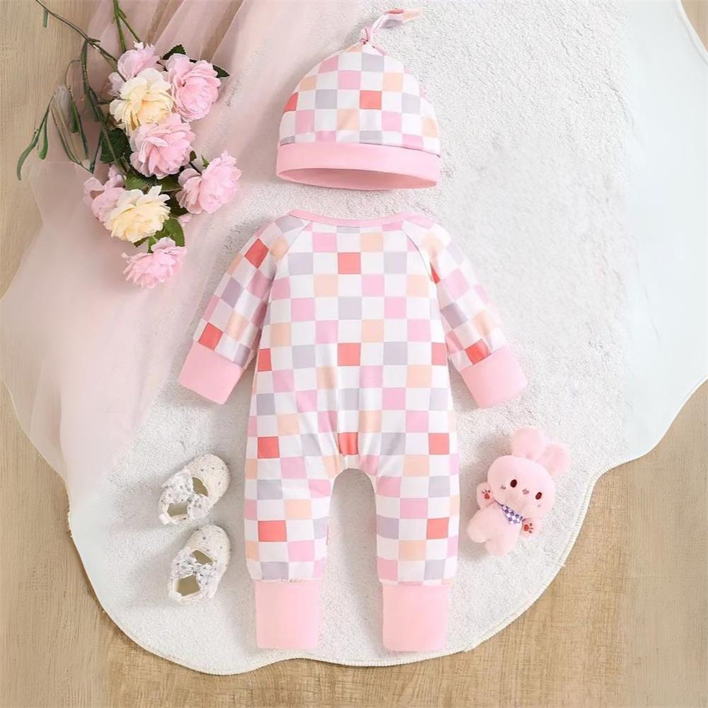 2PCS Stylish Comfy Plaid Print Long Sleeve Baby Jumpsuit