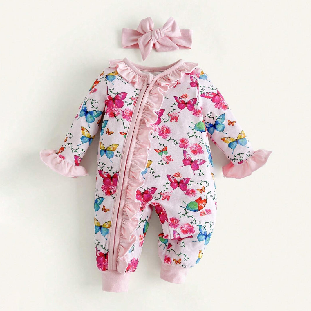 2PCS Casual Floral and Butterfly Printed Ruffle Trim Long Sleeve Baby Jumpsuit