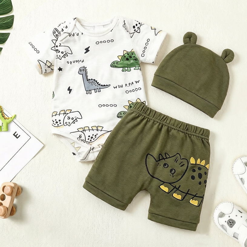 3PCS Cute Wild Paw Letter Dinosaur Print Short Sleeve Baby Boy Set