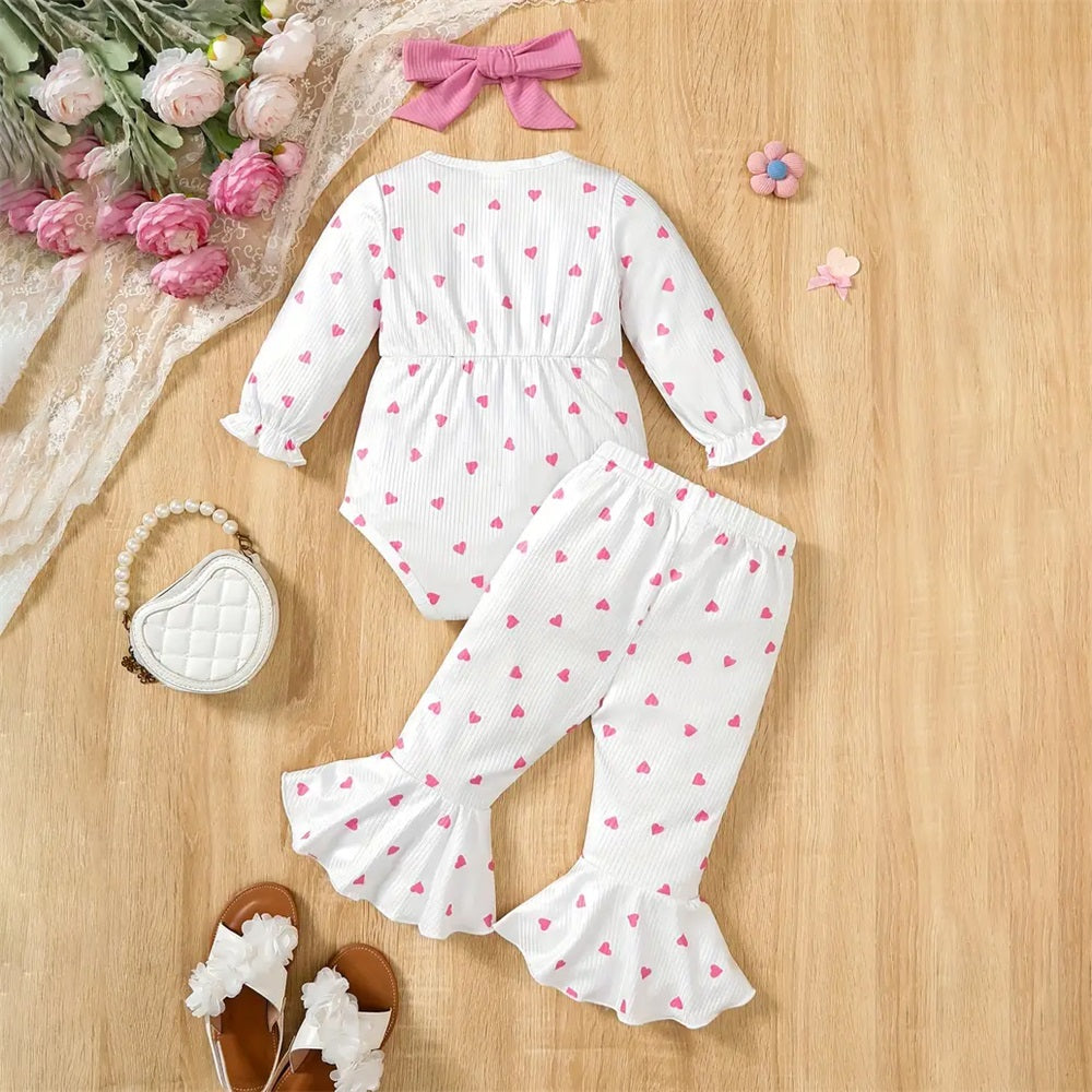 3PCS Cute Sweet Heart Print Bow Decor Long Sleeve Baby Set