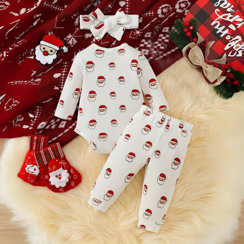 3PCS Christmas Santa Claus Print Long Sleeve Baby Set