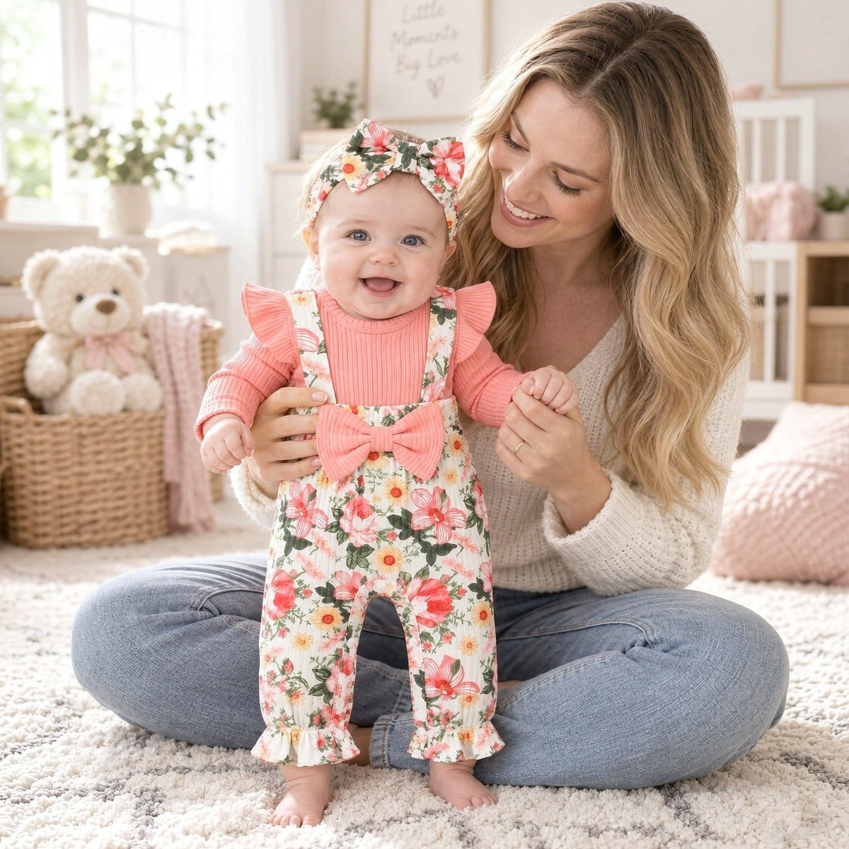 2PCS Delightful Baby Girl Floral Print Faux Two Piece Jumpsuit
