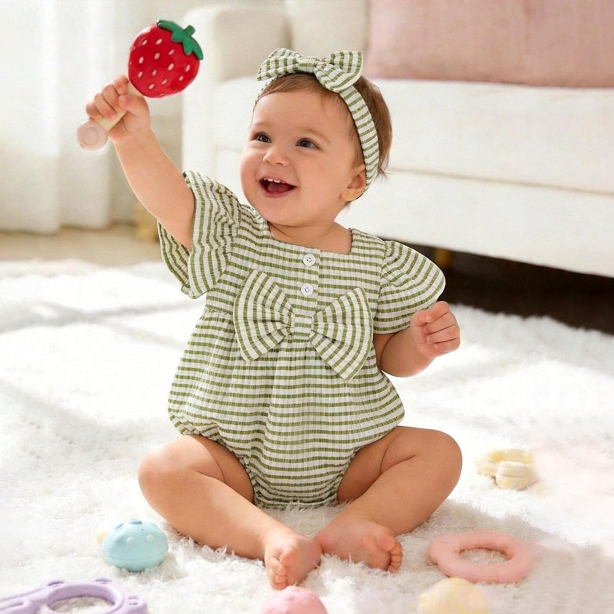 2PCS Comfy Stripe Print Bowknot Flutter Sleeve Baby Romper