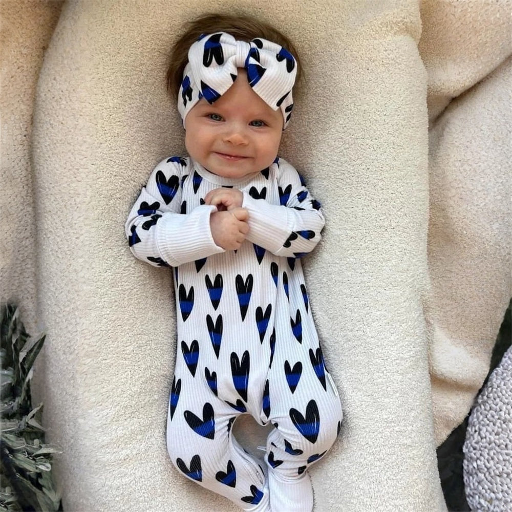 2PCS Cute Heart Printed Long Sleeve Zipper Baby Jumpsuit