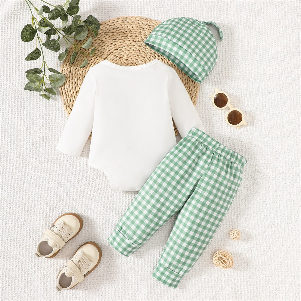3PCS Animal Embroidery Plaid Long Sleeve Baby Set