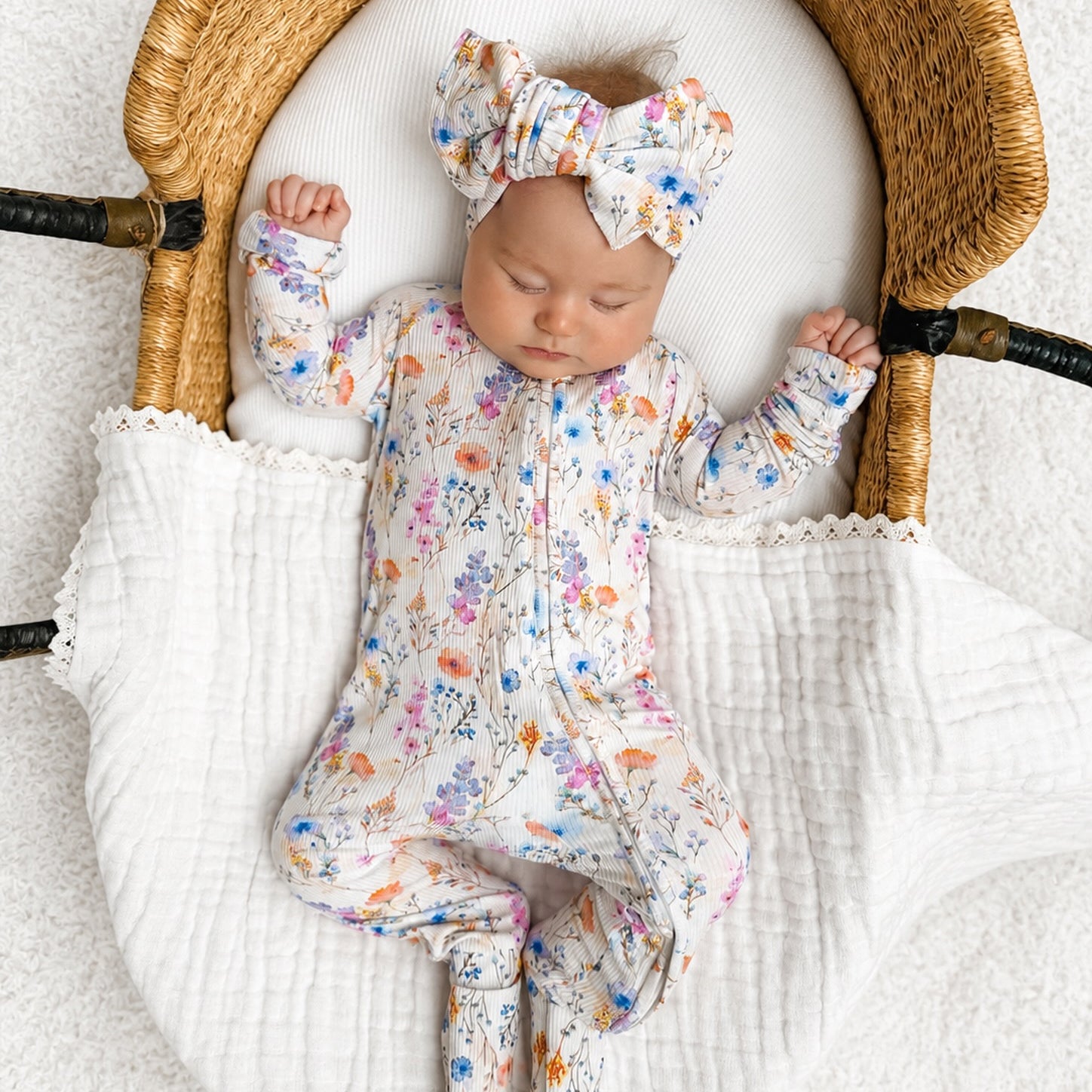 2PCS Cheerful Floral Print Long Sleeve Zipper Baby Jumpsuit
