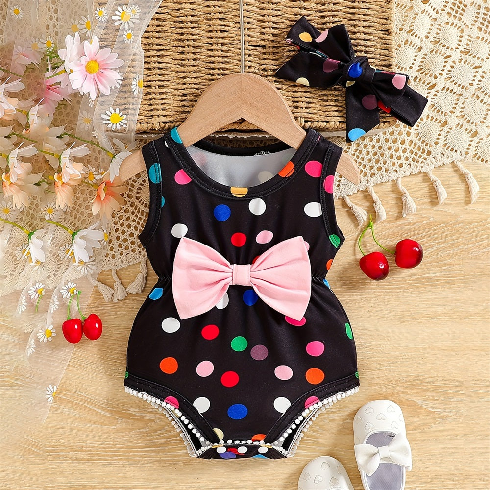 2PCS Polka Dot Printed Bow Sleeveless Baby Romper