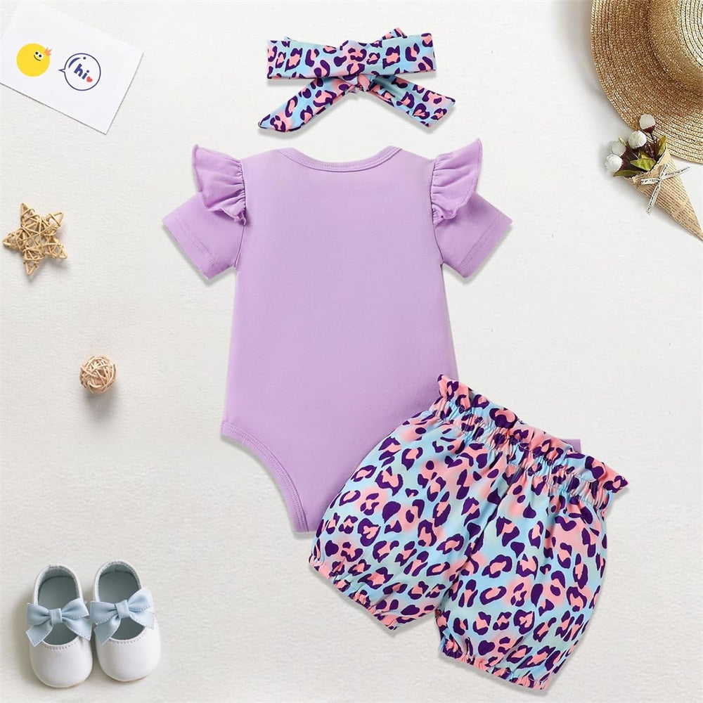 3PCS Little Sister Letter Print Leopard Short Sleeve Baby Set