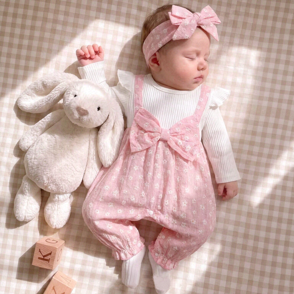 2PCS Mori Style Floral Print Bow Long Sleeve Baby Girl Jumpsuit