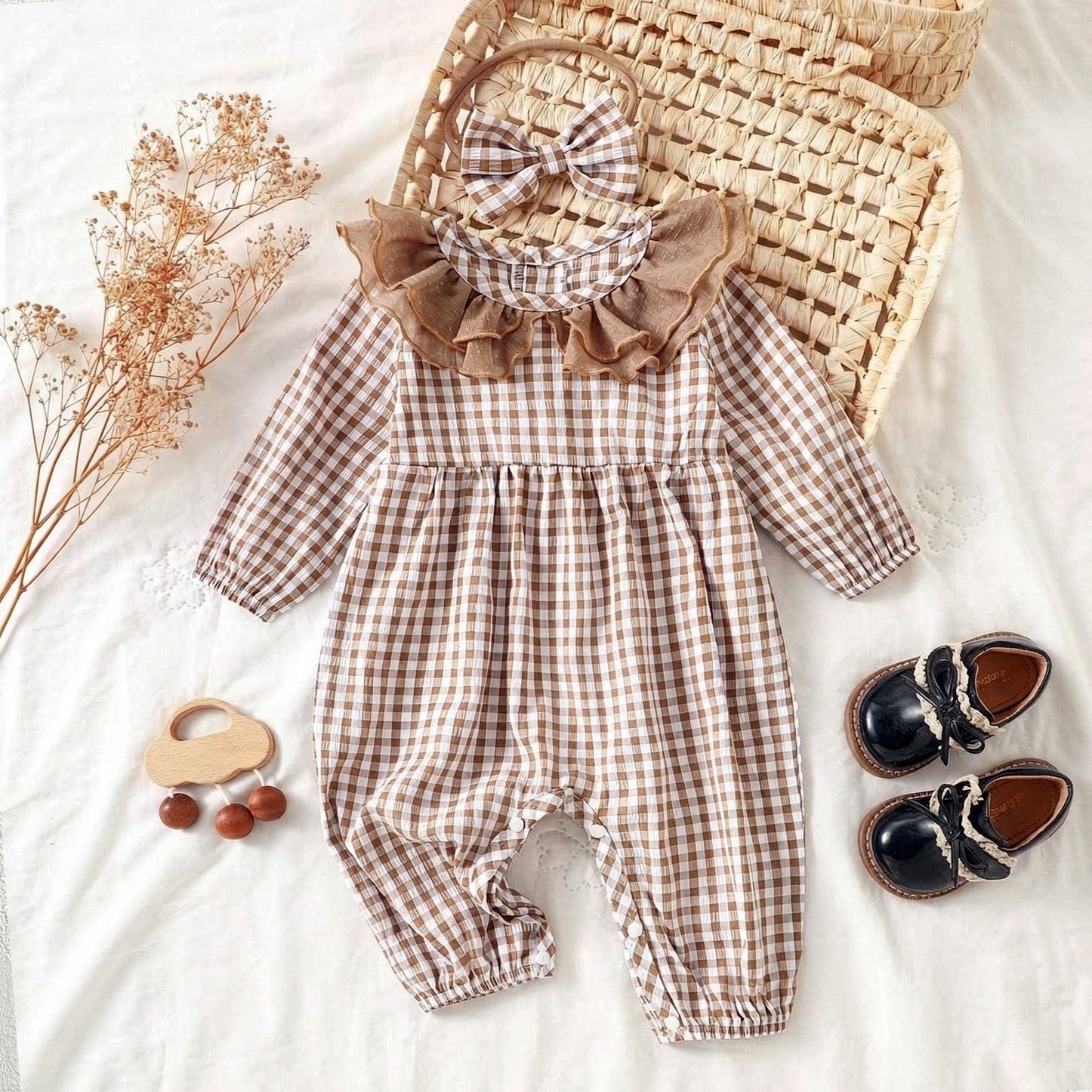 2PCS Sweet Plaid Printed Ruffled Trim Long Sleeve Baby Jumpsuit