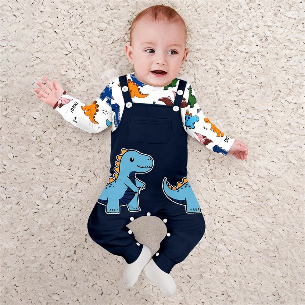 2PCS Casual Cartoon Dinosaur Print Long Sleeve Baby Overalls Set