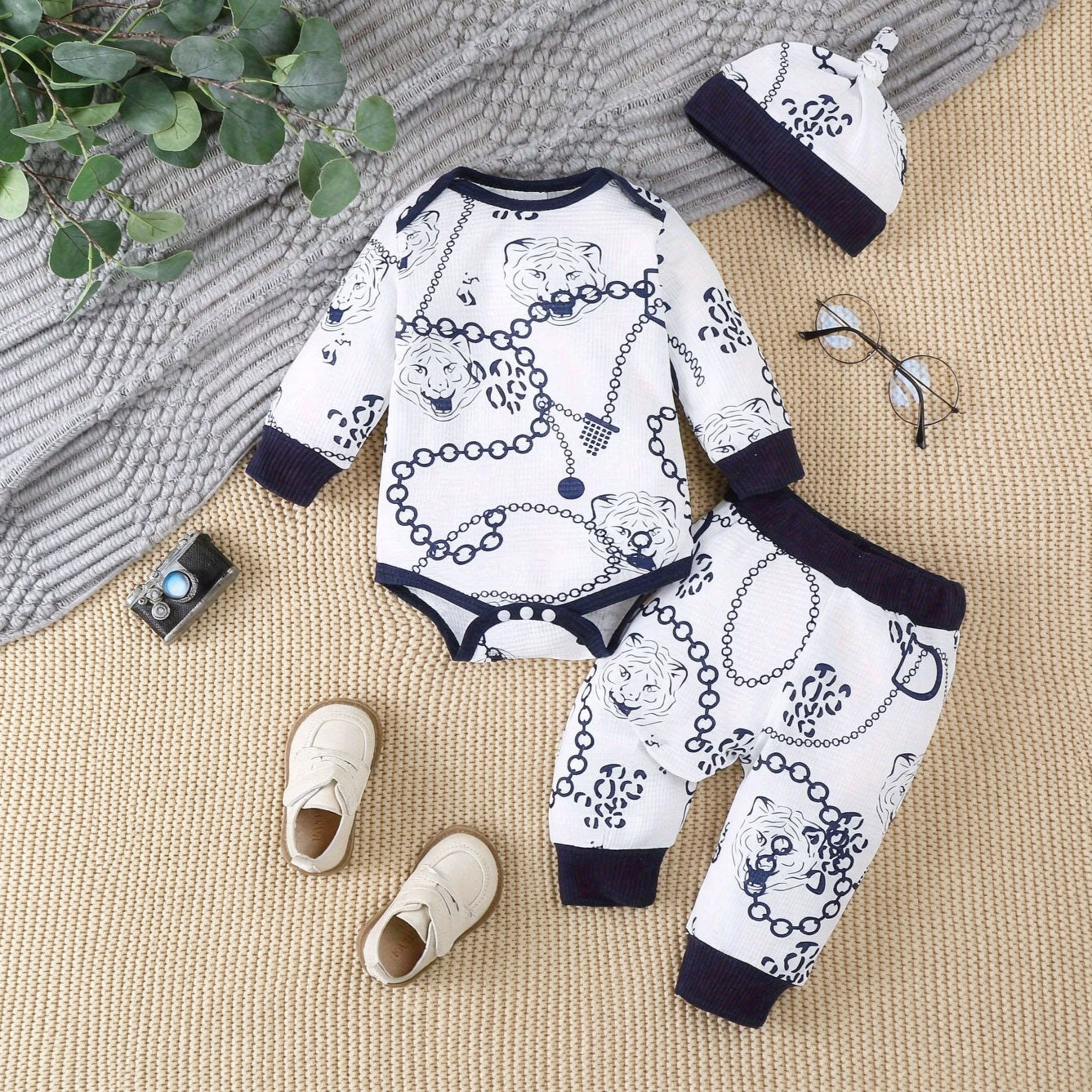 3PCS Cool Tiger and Chains Printed Long Sleeve Baby Boy Set