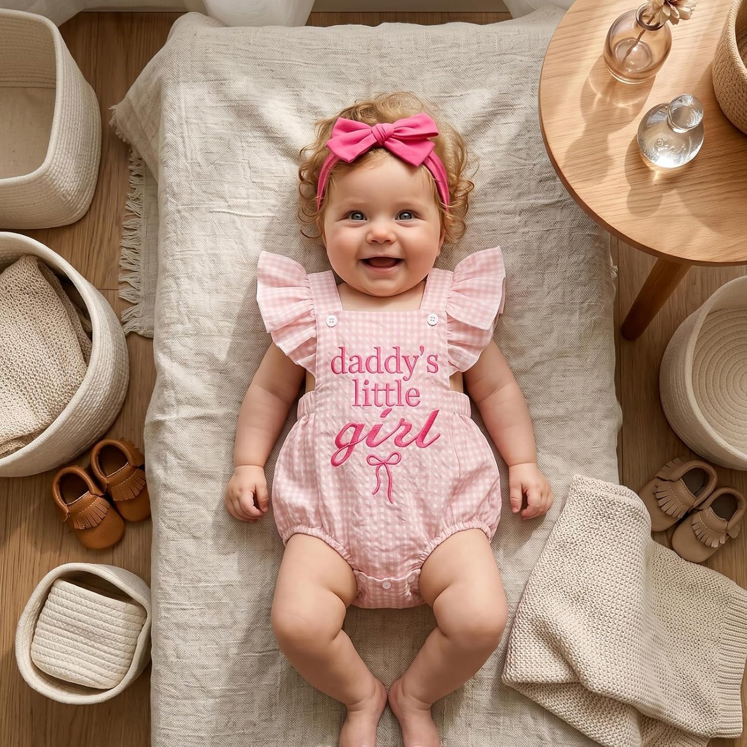 2PCS Daddy's Little Girl Letter Plaid Printed Flounce Sleeve Baby Romper