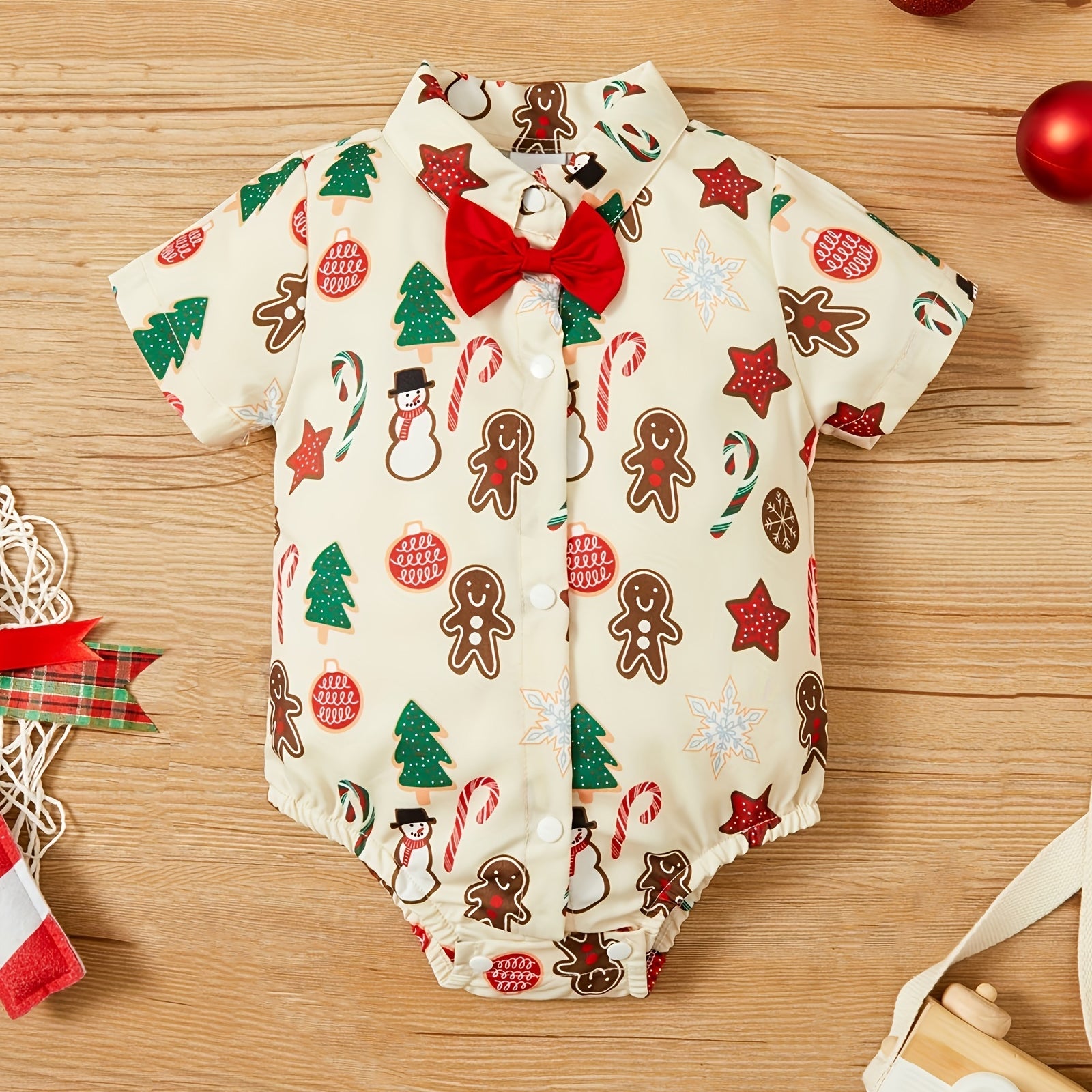 Christmas Gingerbread Candy Printed Bow Short Sleeve Baby Romper