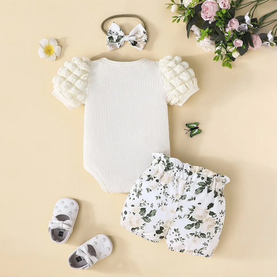 3PCS Summer Casual Floral Printed Puff Sleeves Baby Set