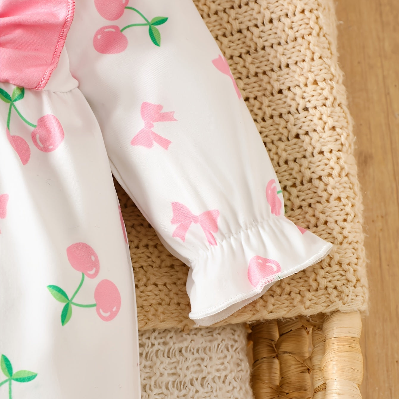 Pretty Cherry and Bow Print Ruffle Trim Long Sleeve Baby Jumpsuit