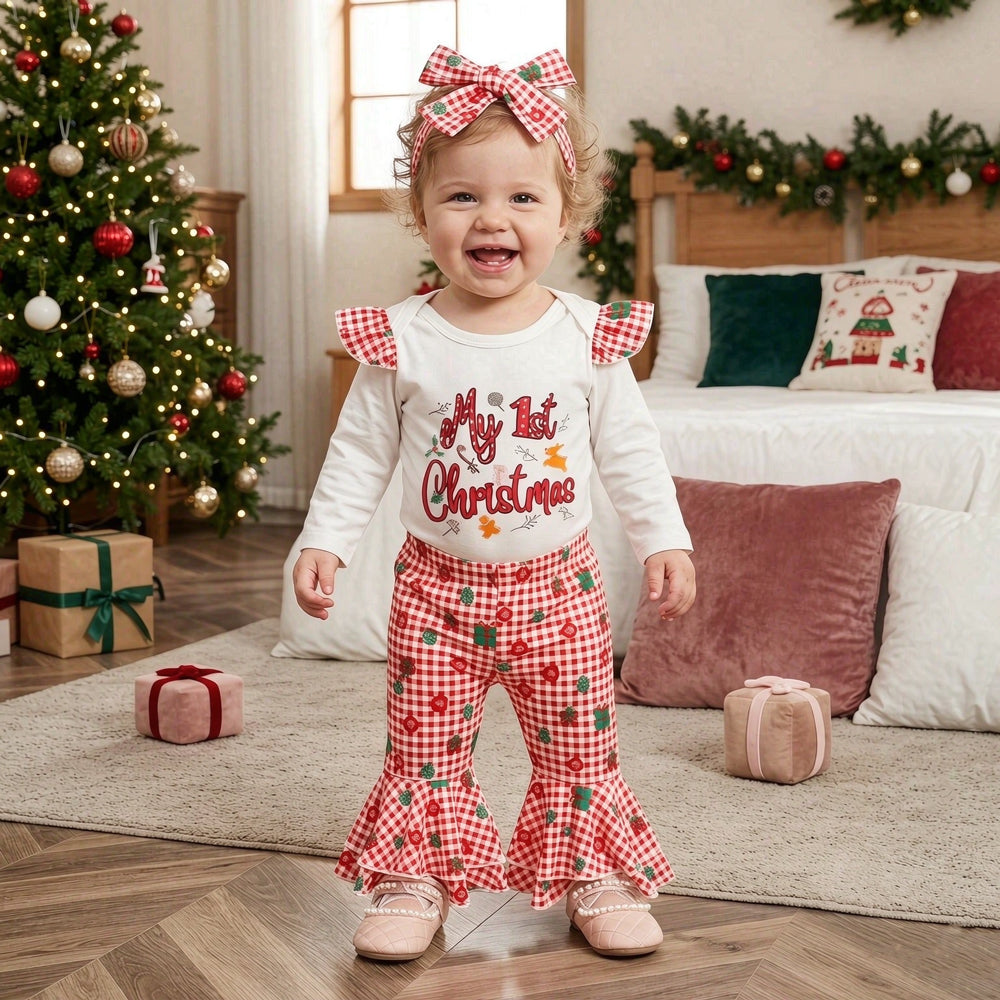 3PCS Lovely My 1st Christmas Letter Plaid Print Baby Girl Set