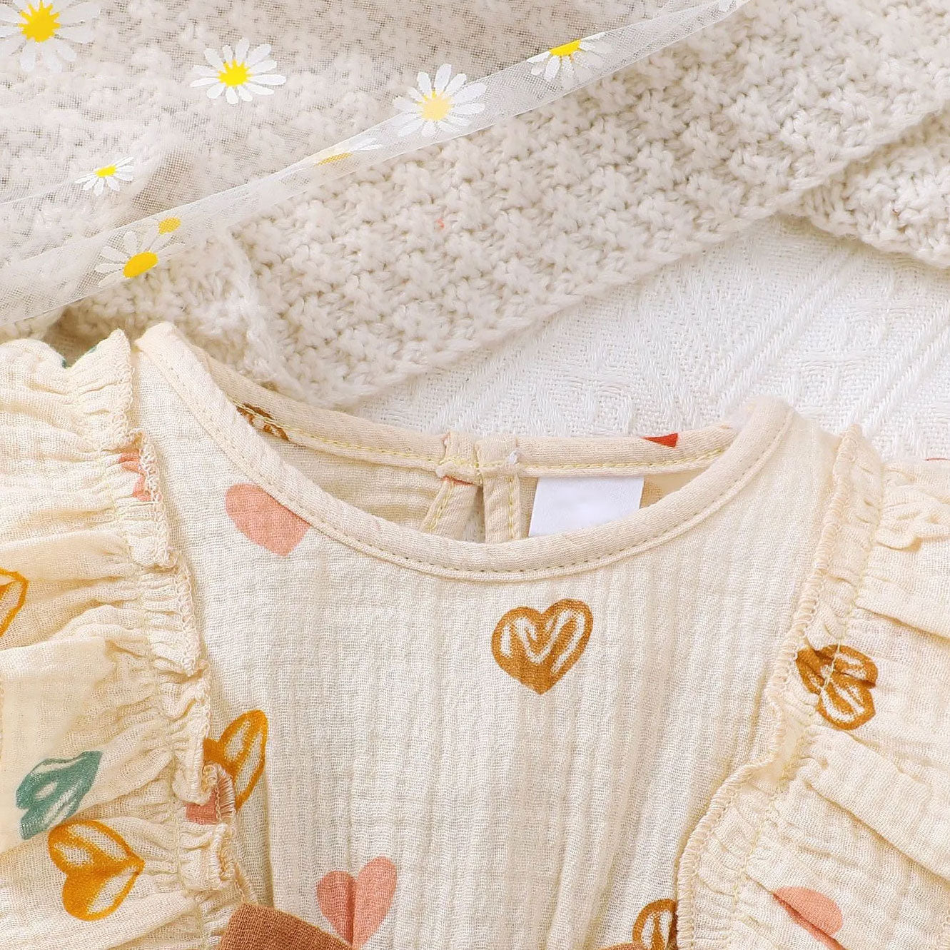 Lovely Heart Printed Ruffle Long Sleeve Baby Girl Jumpsuit