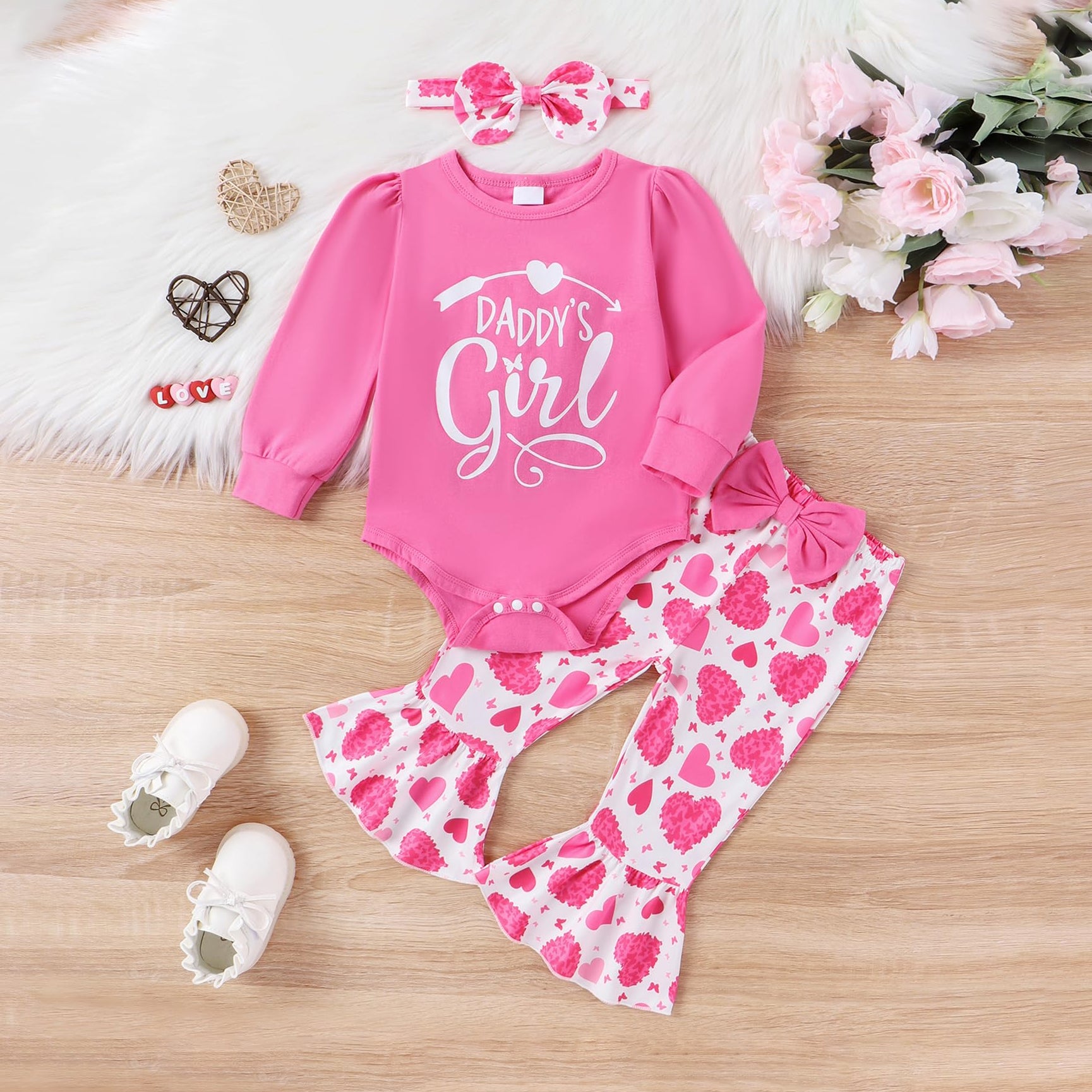 3PCS Daddy's Girl Letter Heart Printed Long Sleeve Baby Set