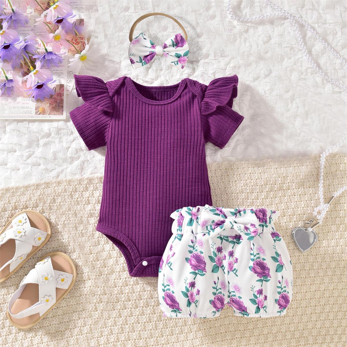3PCS Trendy Floral Printed Short Sleeve Baby Set