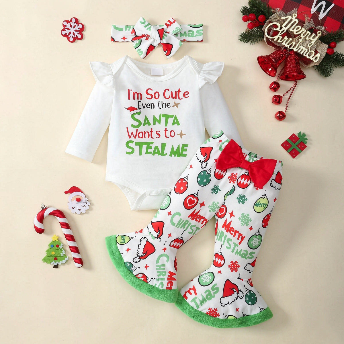 3PCS Sweet Letter Holiday Print Long Sleeve Baby Girl Set