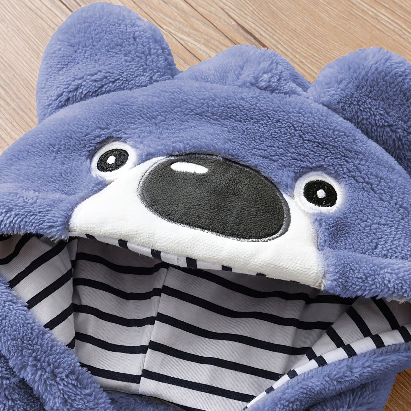 Casual Fuzzy 3D Ear Bear Stripe Printed Zipper Baby Jumpsuit