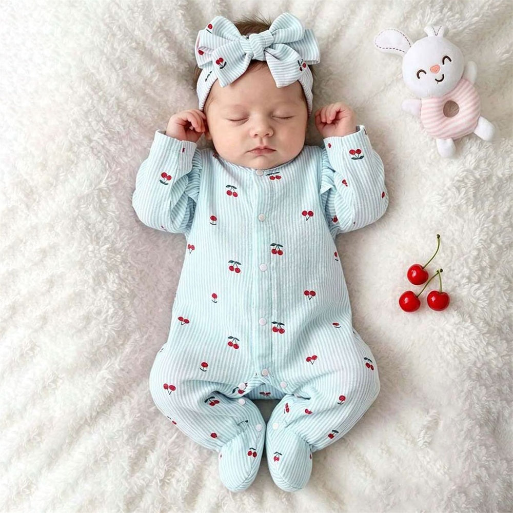 2PCS Lovely Cherry Printed Long Sleeve Baby Jumpsuit