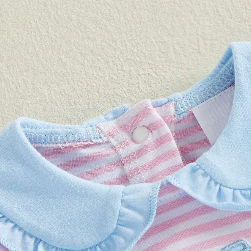 Grace Bow Embroidery Stripe Print Short Sleeve Baby Romper