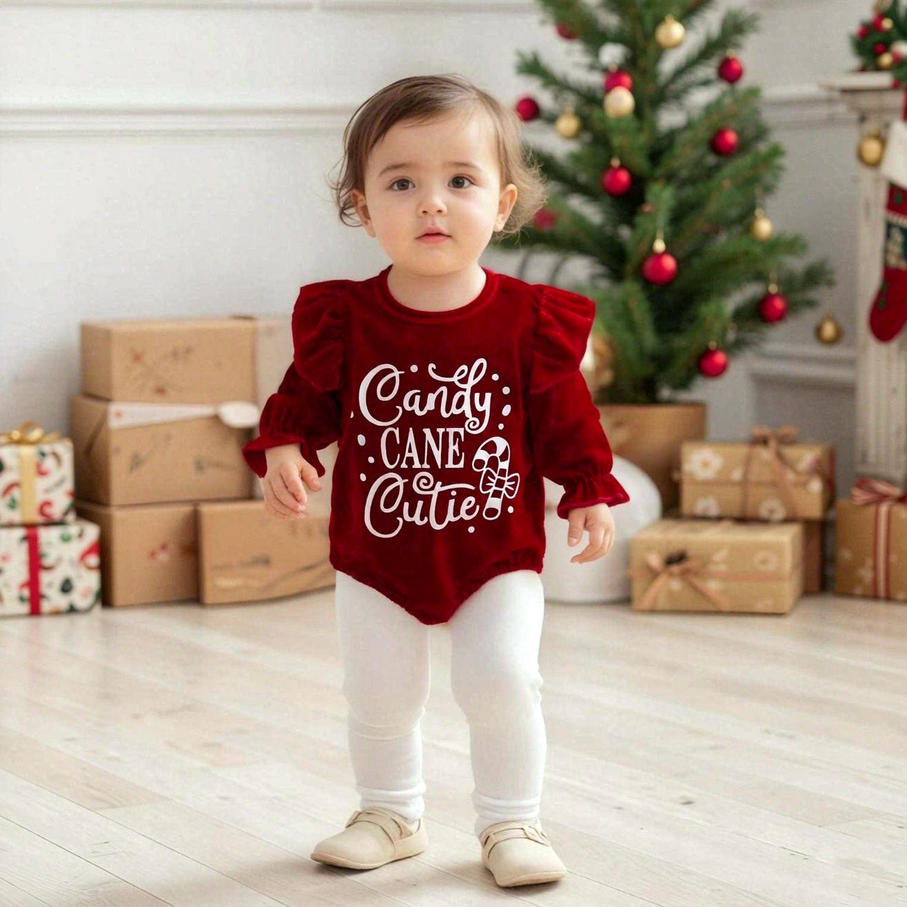 Christmas Candy Cane Cutie Letter Printed Long Sleeve Baby Romper