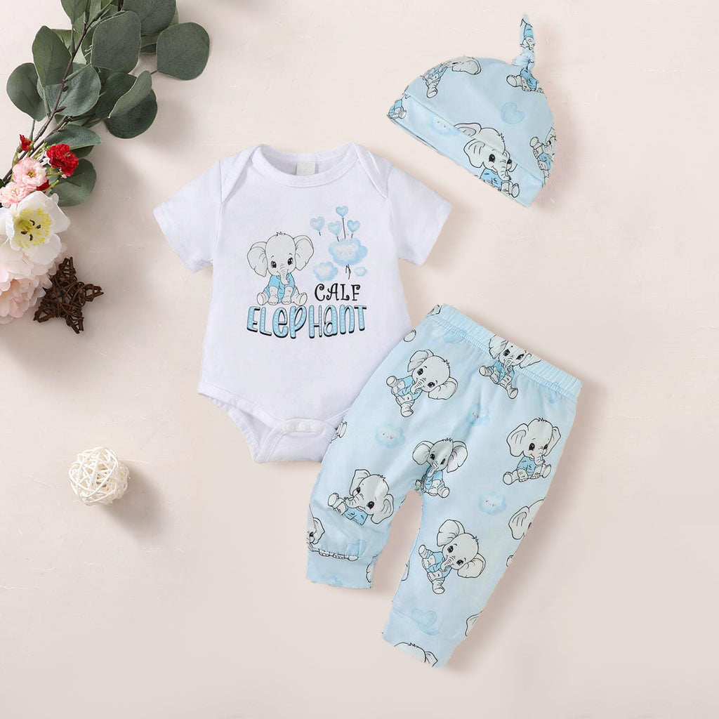 3PCS Cute Little Elephant Print Long Sleeve Baby Set