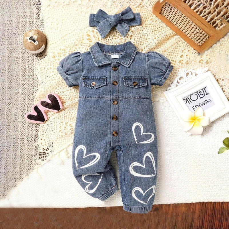 2PCS Heart Printed Puff Sleeve Baby Denim Jumpsuit