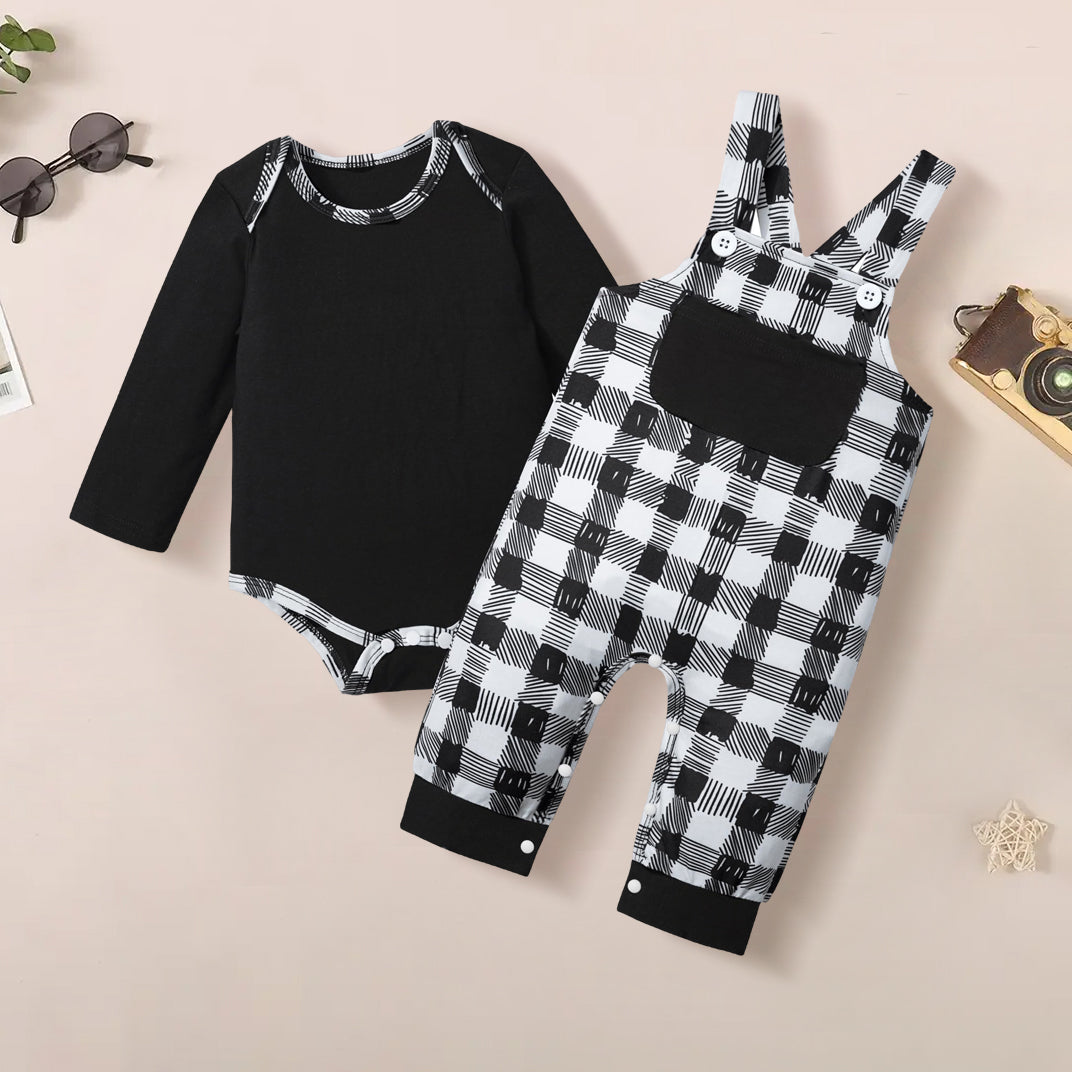 2PCS Cute Plaid Printed Long Sleeve Overalls Baby Set