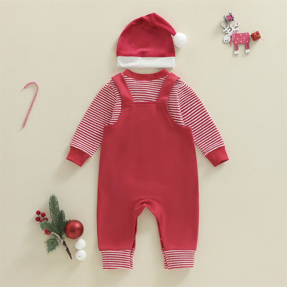 3PCS My First Christmas Letter Embroidery Stripe Print Baby Overalls Set