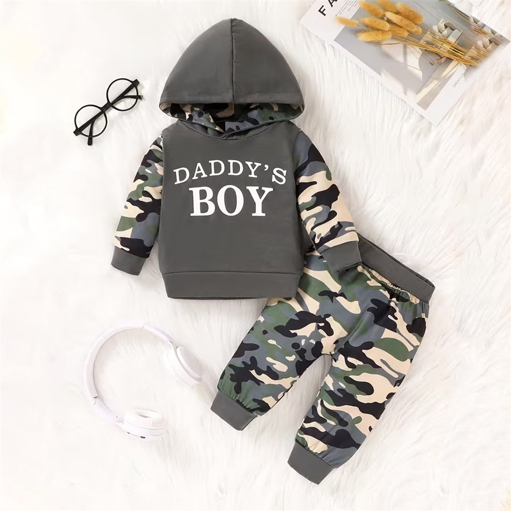 2PCS Daddy's Boy Letter Print Camouflage Long Sleeve Baby Set