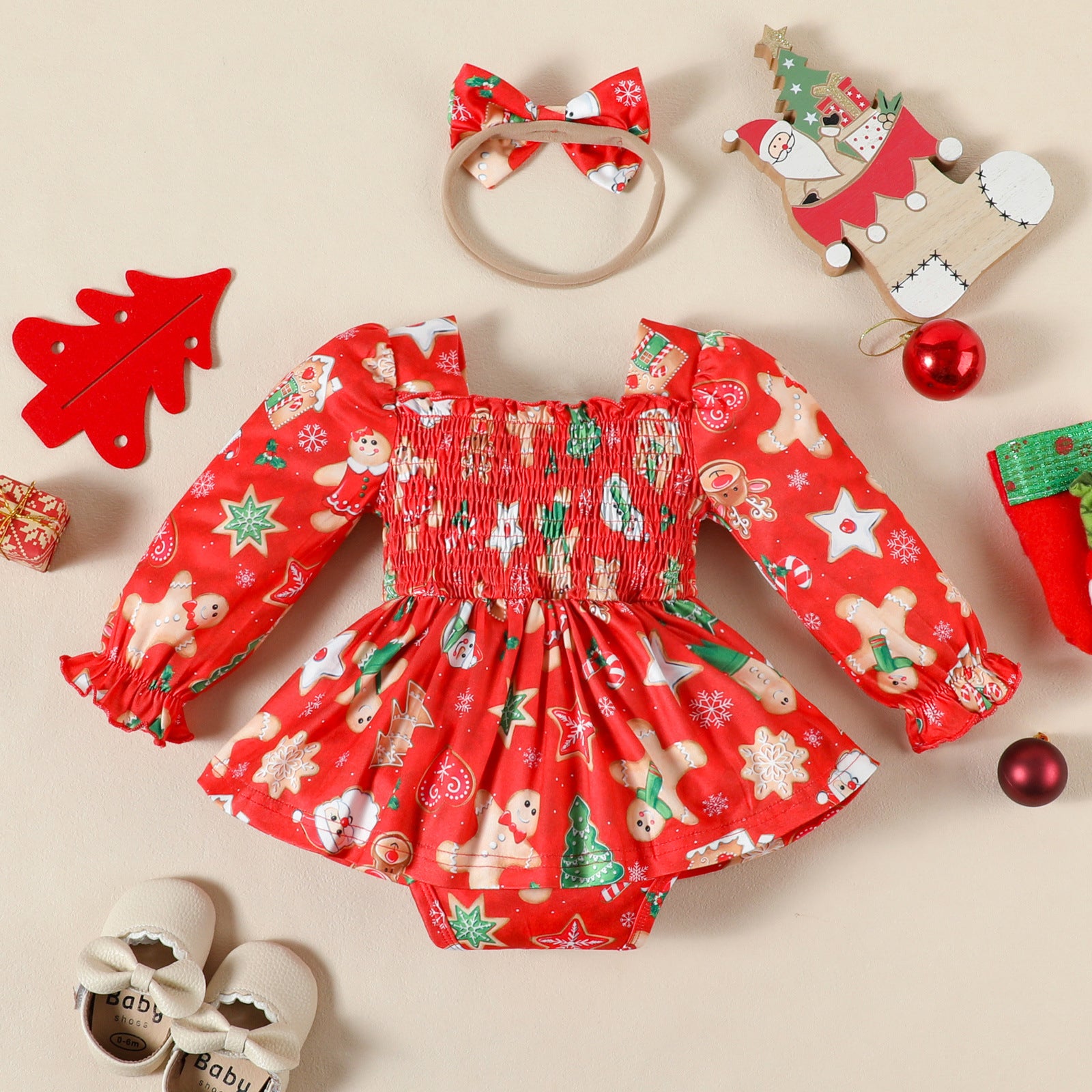 2PCS Santa Claus Printed Long Sleeve Baby Romper