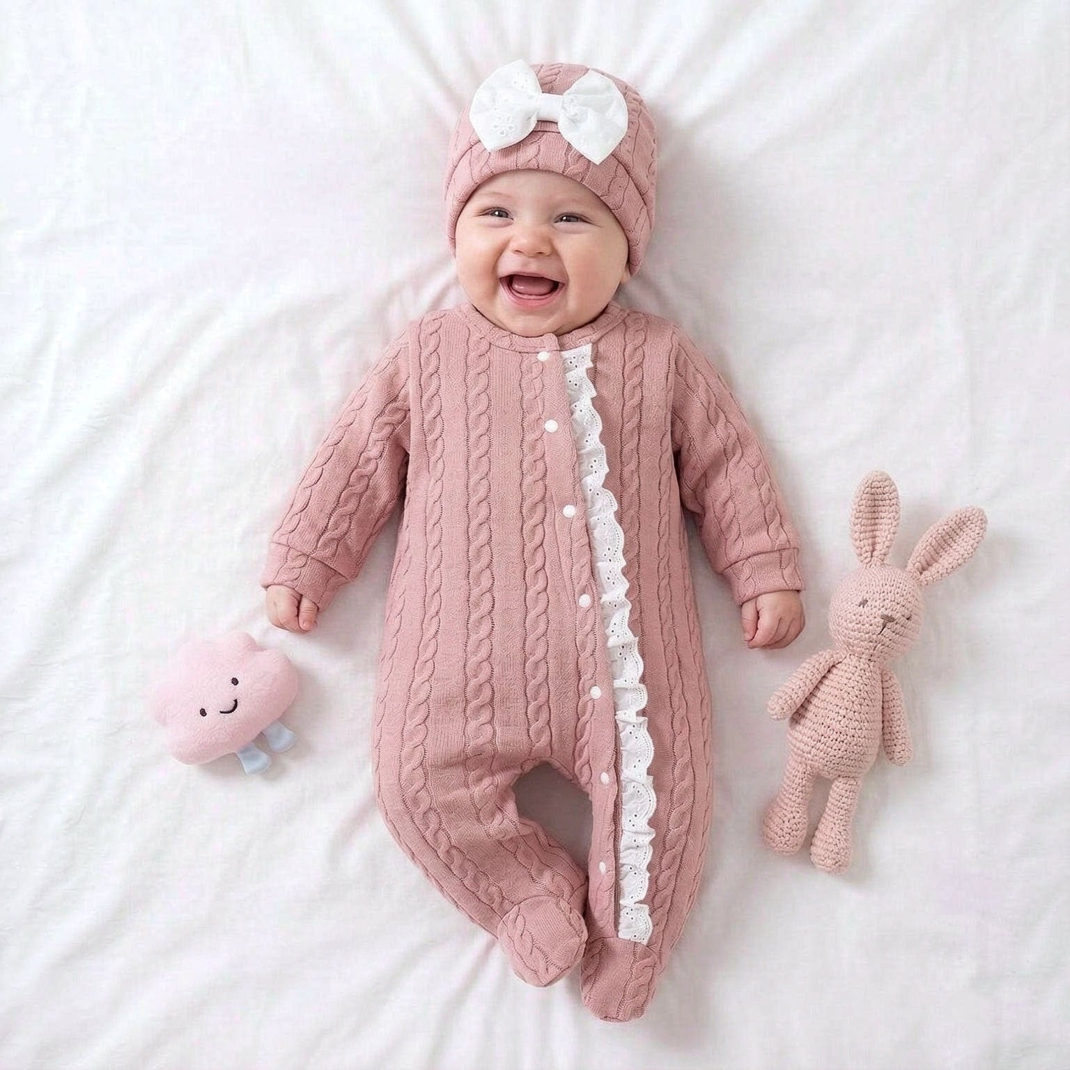 2PCS Solid Color Knit Lace Trim Long Sleeve Baby Girl Jumpsuit
