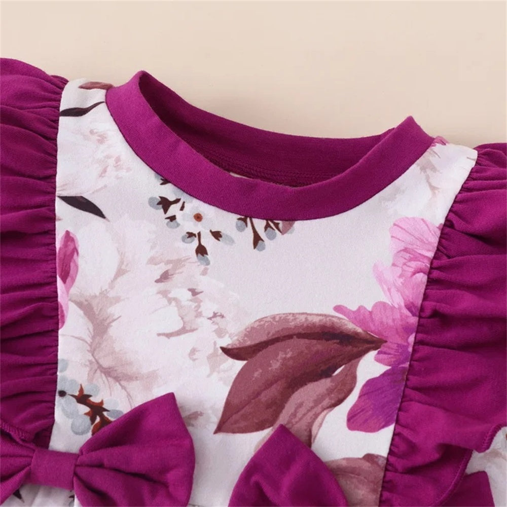 2PCS Trendy Floral Print Ruffle Trim Long Sleeve Baby Jumpsuit