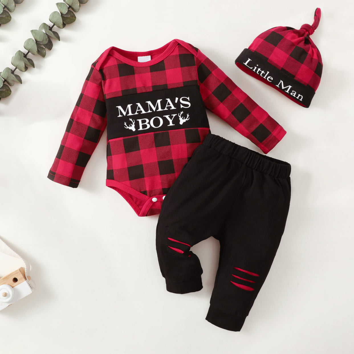3PCS Mama's Boy Letter Plaid Printed Baby Set
