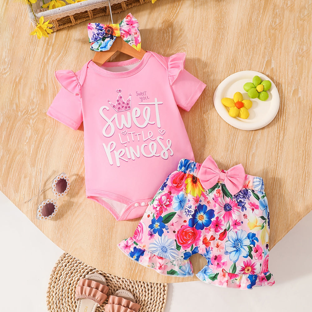 3PCS Sweet Little Princess Letter Floral Print Short Sleeve Baby Set