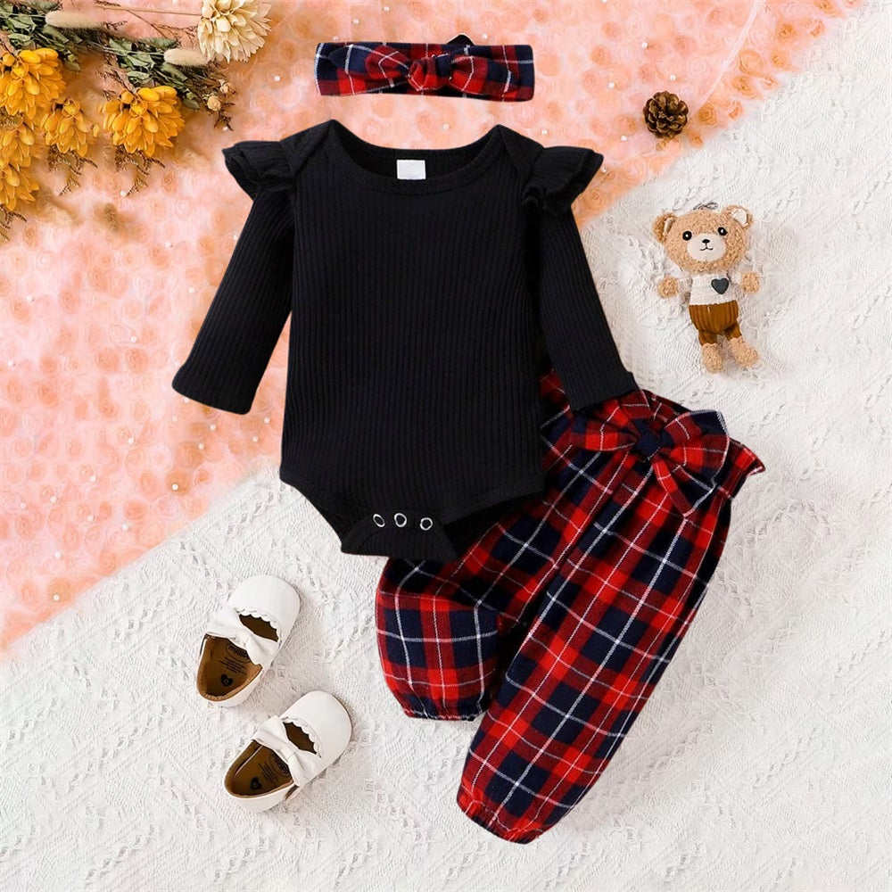 3PCS Casual Plaid Print Long Sleeve Baby Set
