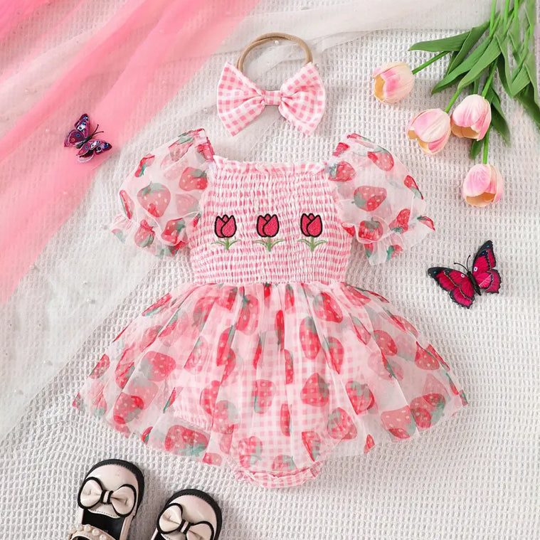 2PCS Strawberry Printed Short Sleeve Smocked Baby Romper