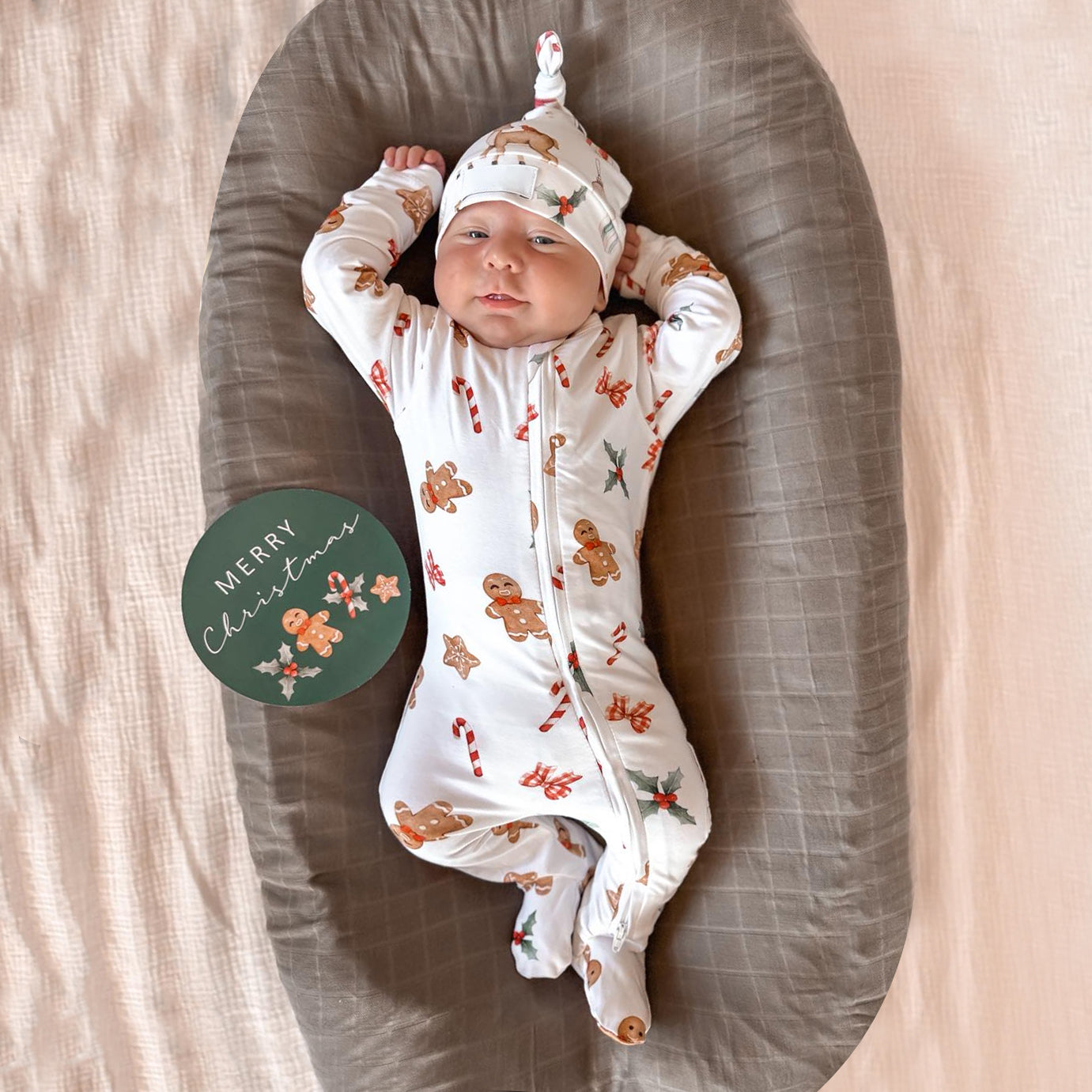 2PCS Christmas Candy Cane Gingerbread Print Zipper Baby Jumpsuit