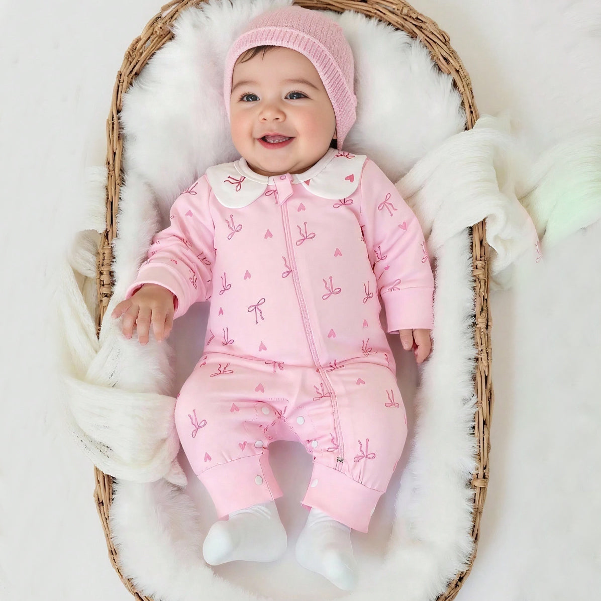 Stylish Bow Printed Long Sleeve Zipper Baby Jumpsuit