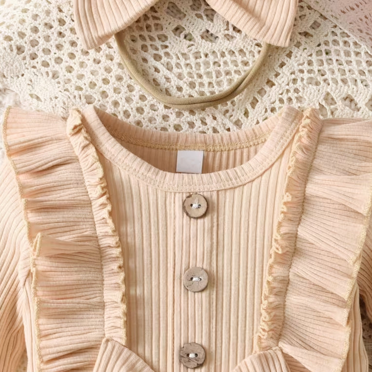 2PCS Comfy Solid Color Bowknot Long Sleeve Baby Jumpsuit