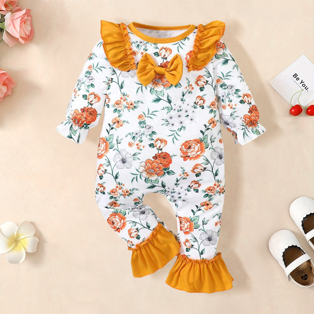 Cute Flower Printed Ruffle Trim Long Sleeve Baby Jumpsuit