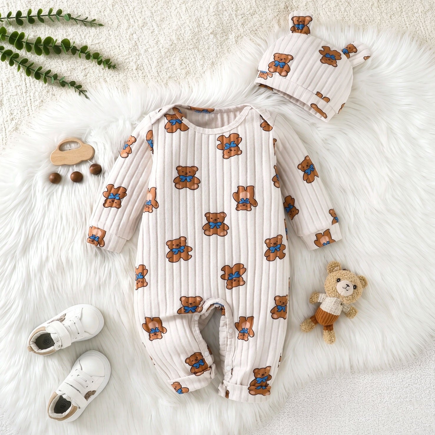 2PCS Bubbly Teddy Bear Print Long Sleeve Baby Jumpsuit