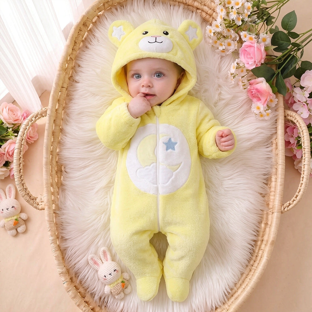 Fuzzy Bear Moon Star Embroidered Long Sleeve Zipper Baby Hoodie Jumpsuit