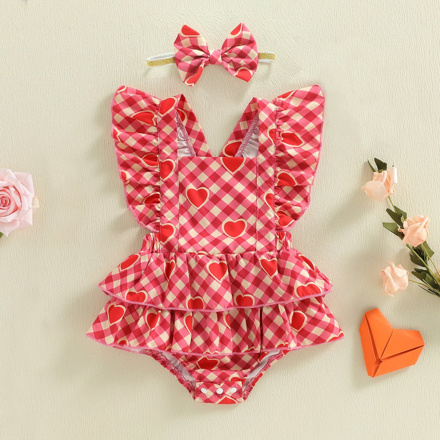 2PCS Gorgeous Heart Plaid Print Flounce Sleeve Baby Romper
